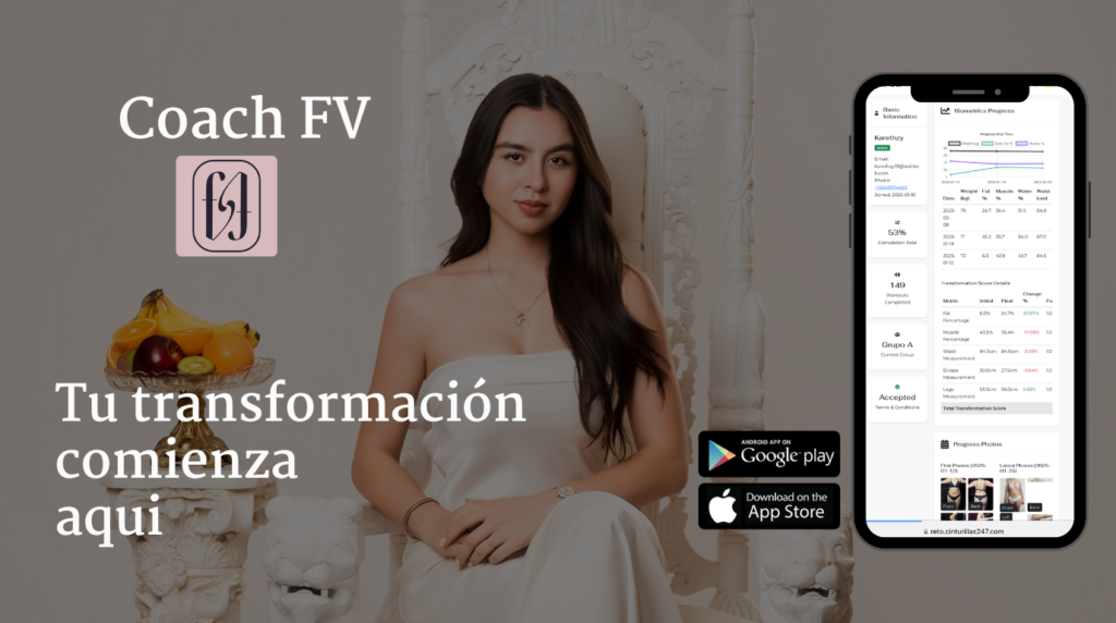 App para Retos y planes personalizados Coach FV by Fernanda Villanueva, seguimiento de transformación física disponible en App Store y Google Play