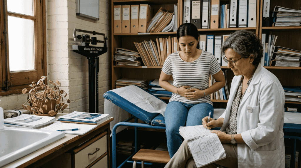 La doctora realiza una revisión a un paciente que presenta hinchazón abdominal.